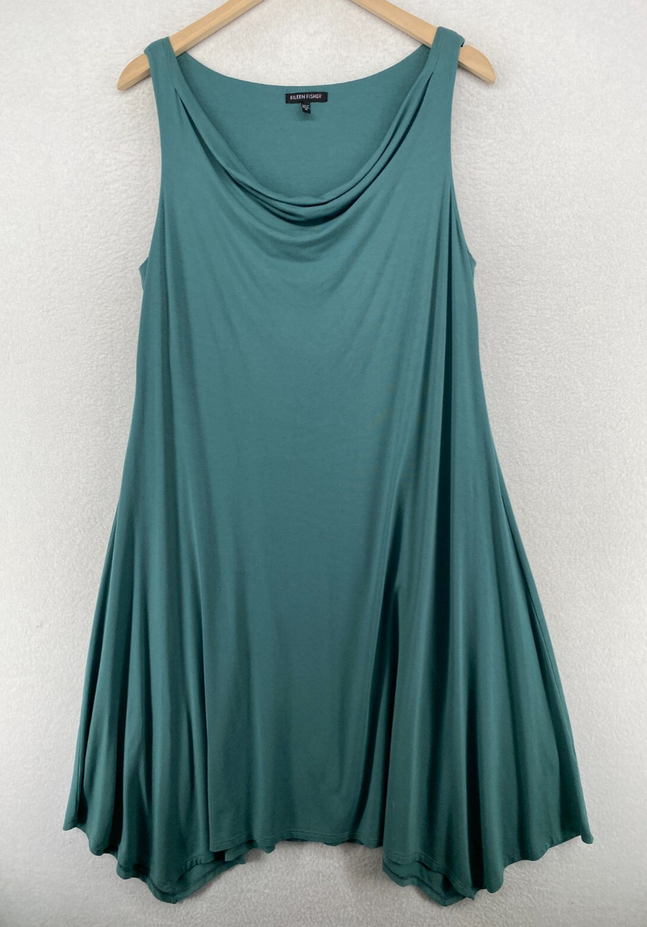 EILEEN FISHER Dress M Stretch Rayon Jersey Midi Cowl Neck Sleeveless Green USA